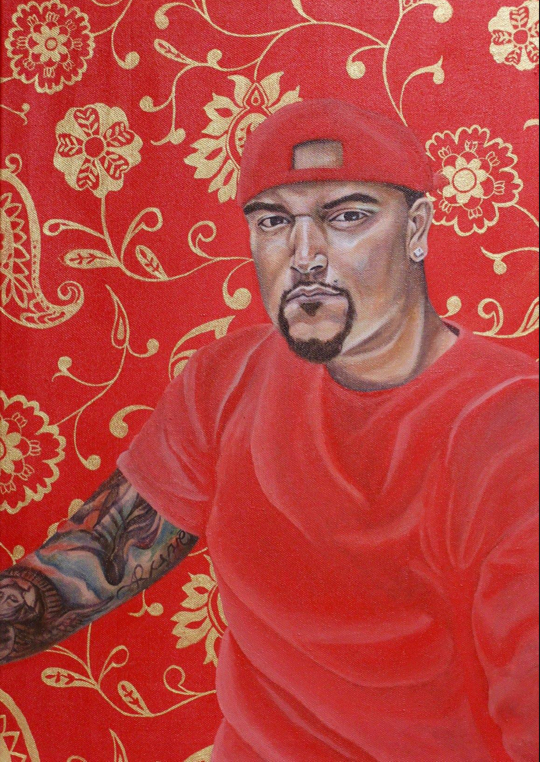 Portrait of Angel wearing a red baseball cap, red shirt, on a red background with gold designs.